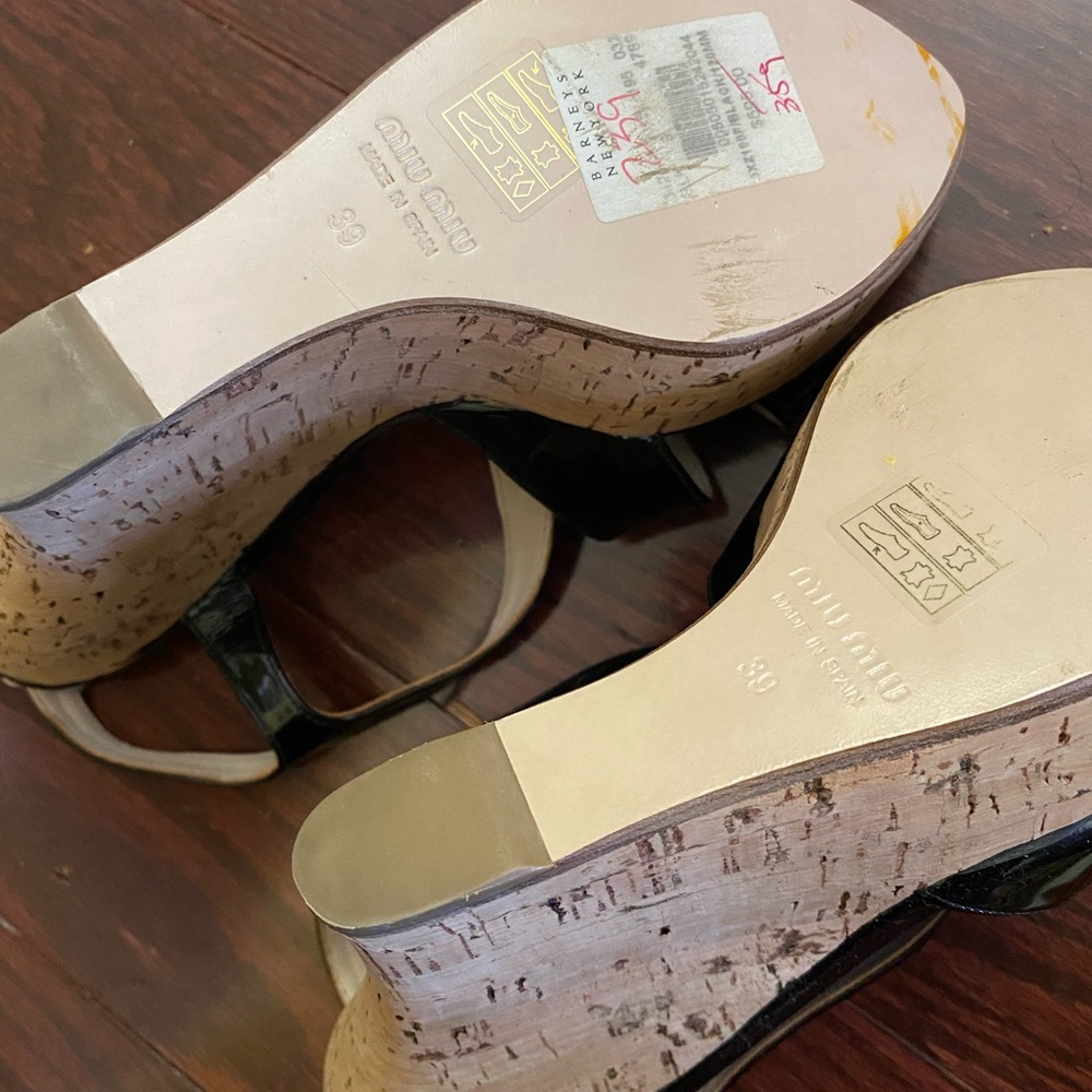 MUI MUI Black Patent Leather Wedge Cork Heel Sandals - Picture 3 of 13